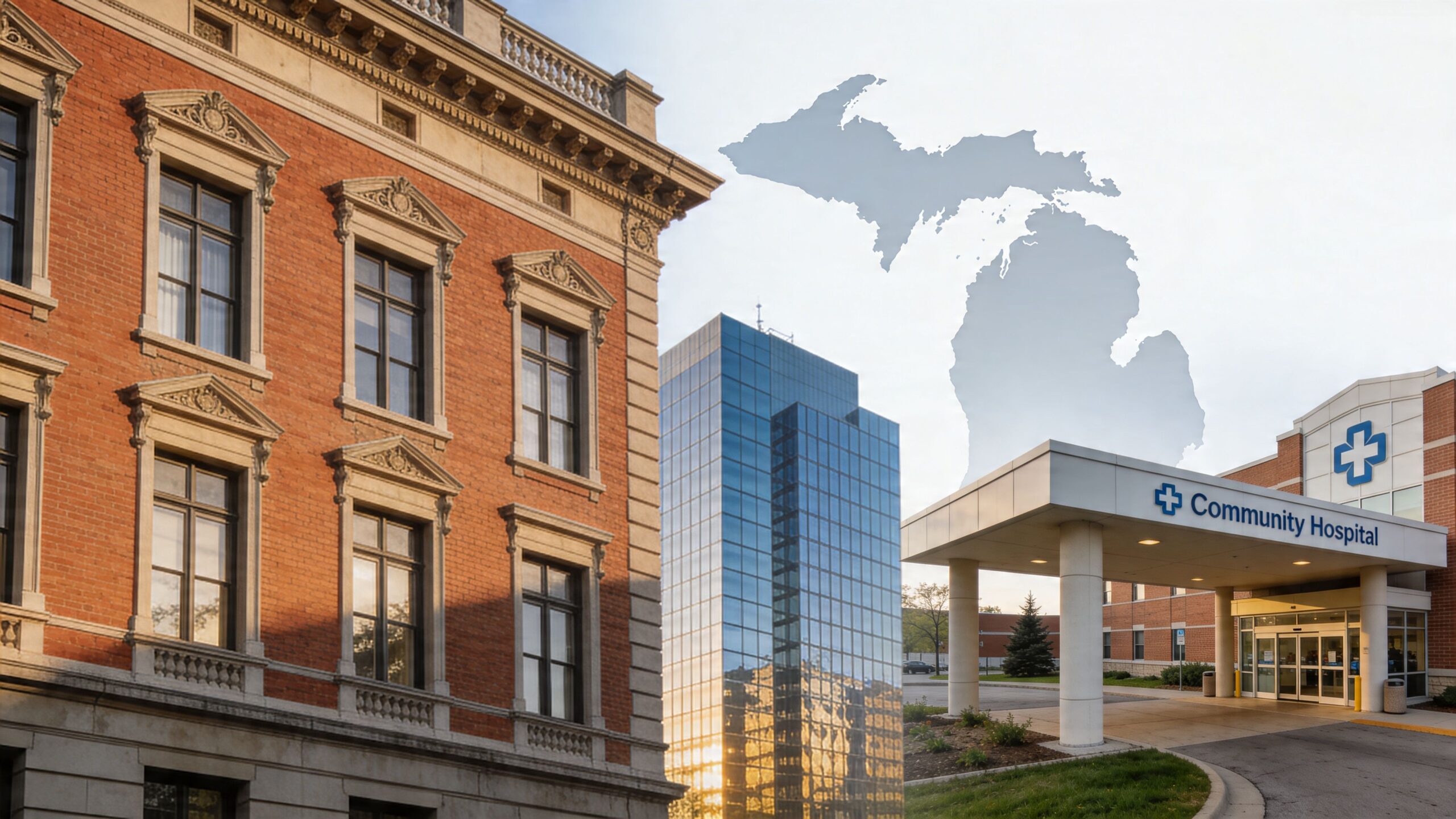 A composite image showing a historic brick building, a modern skyscraper, and a hospital with Michigan map.