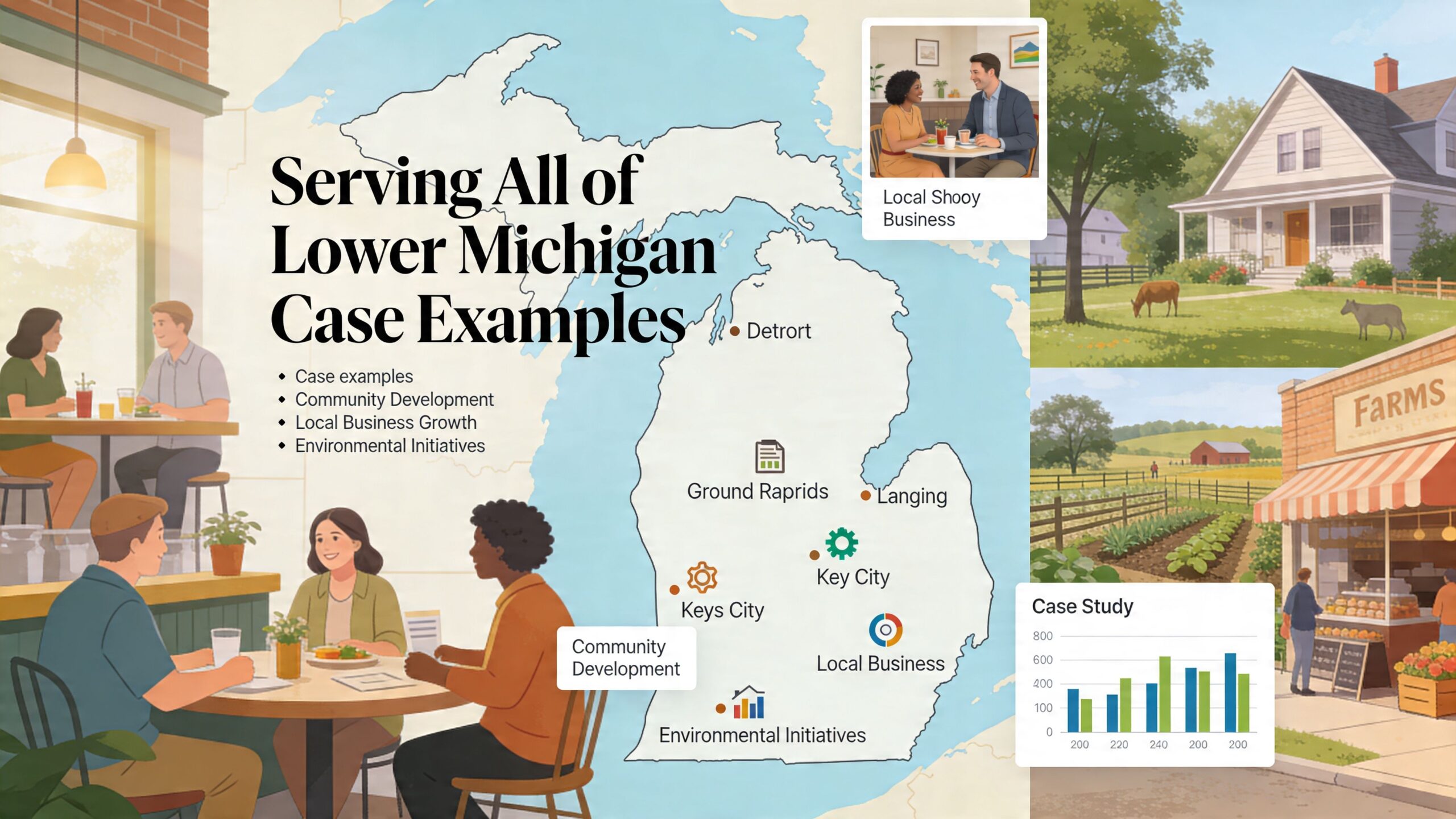 An infographic showing case examples of community, business, and environmental projects across Lower Michigan locations.