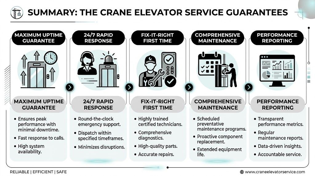 A summary infographic showing five key service guarantees for elevator repair and maintenance maintenance providers.