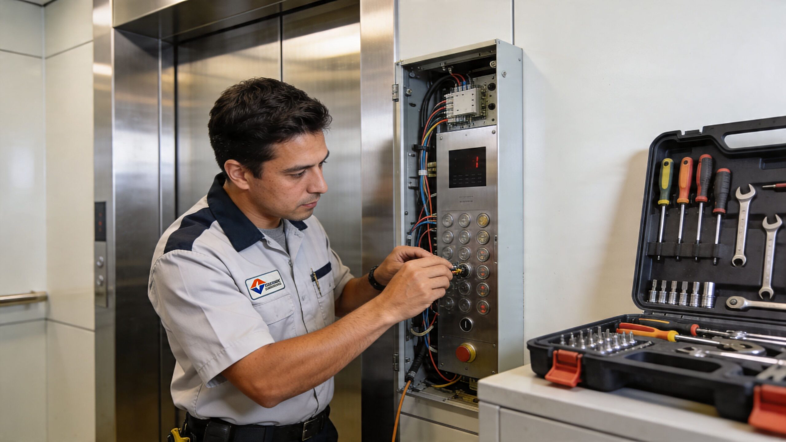 A professional elevator technician working on an exposed elevator control panel while using his hand tools.