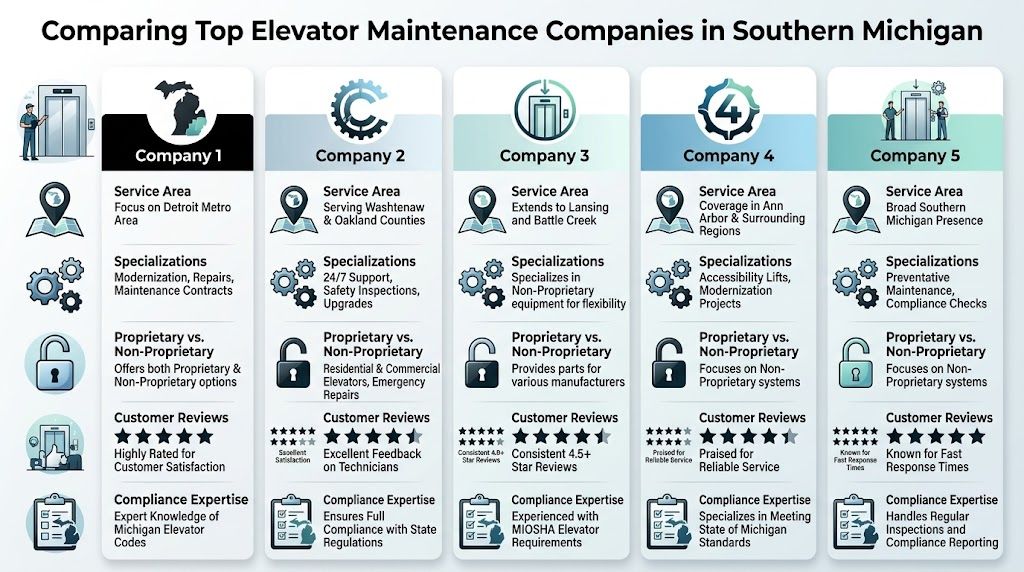 A comparison chart of five top elevator maintenance companies serving the Southern Michigan region with key details.
