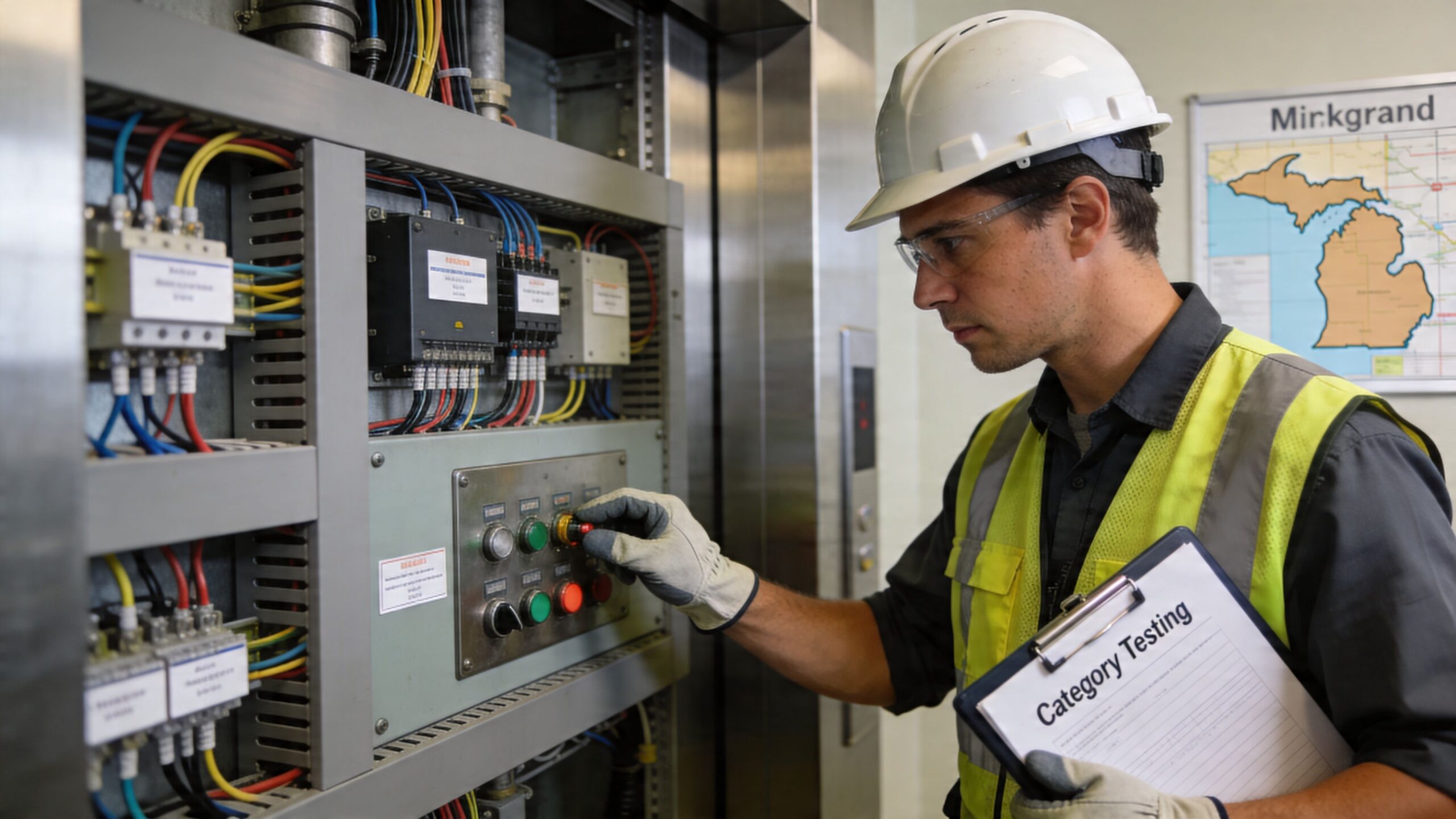 A technician wearing a hard hat and high visibility vest inspects and operates an industrial elevator control panel.