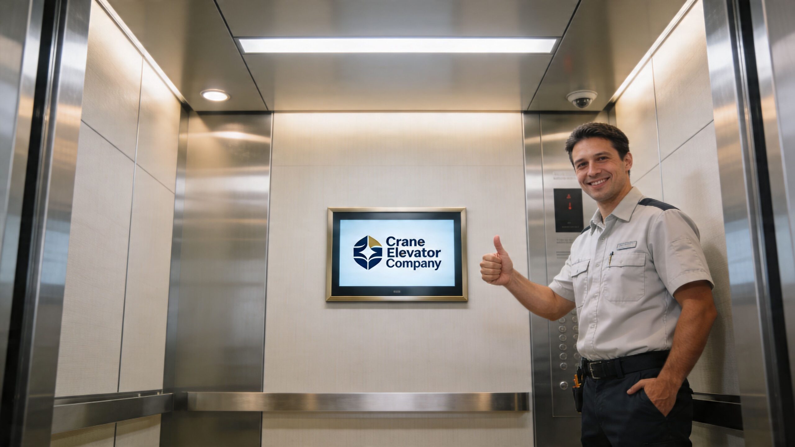 A professional elevator technician smiling and giving a thumbs up inside a modern, clean elevator cabin.