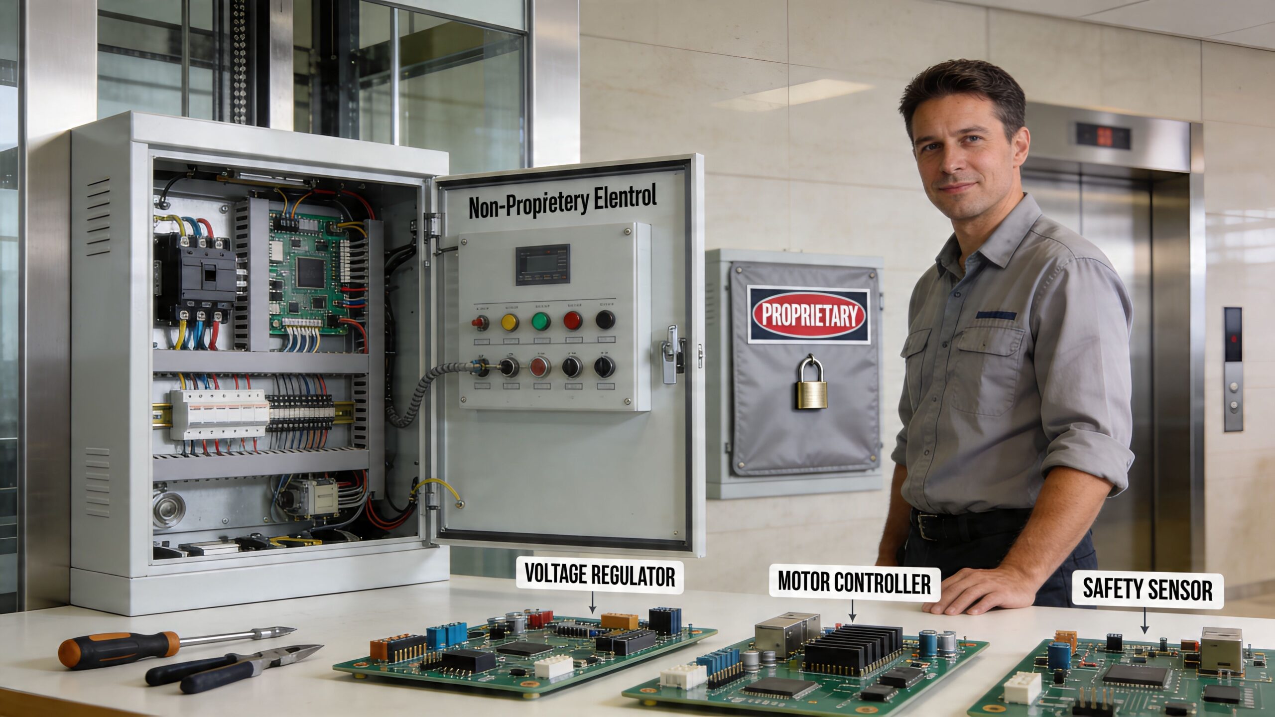 A technician working with elevator control boards in front of proprietary and non-proprietary control panels.