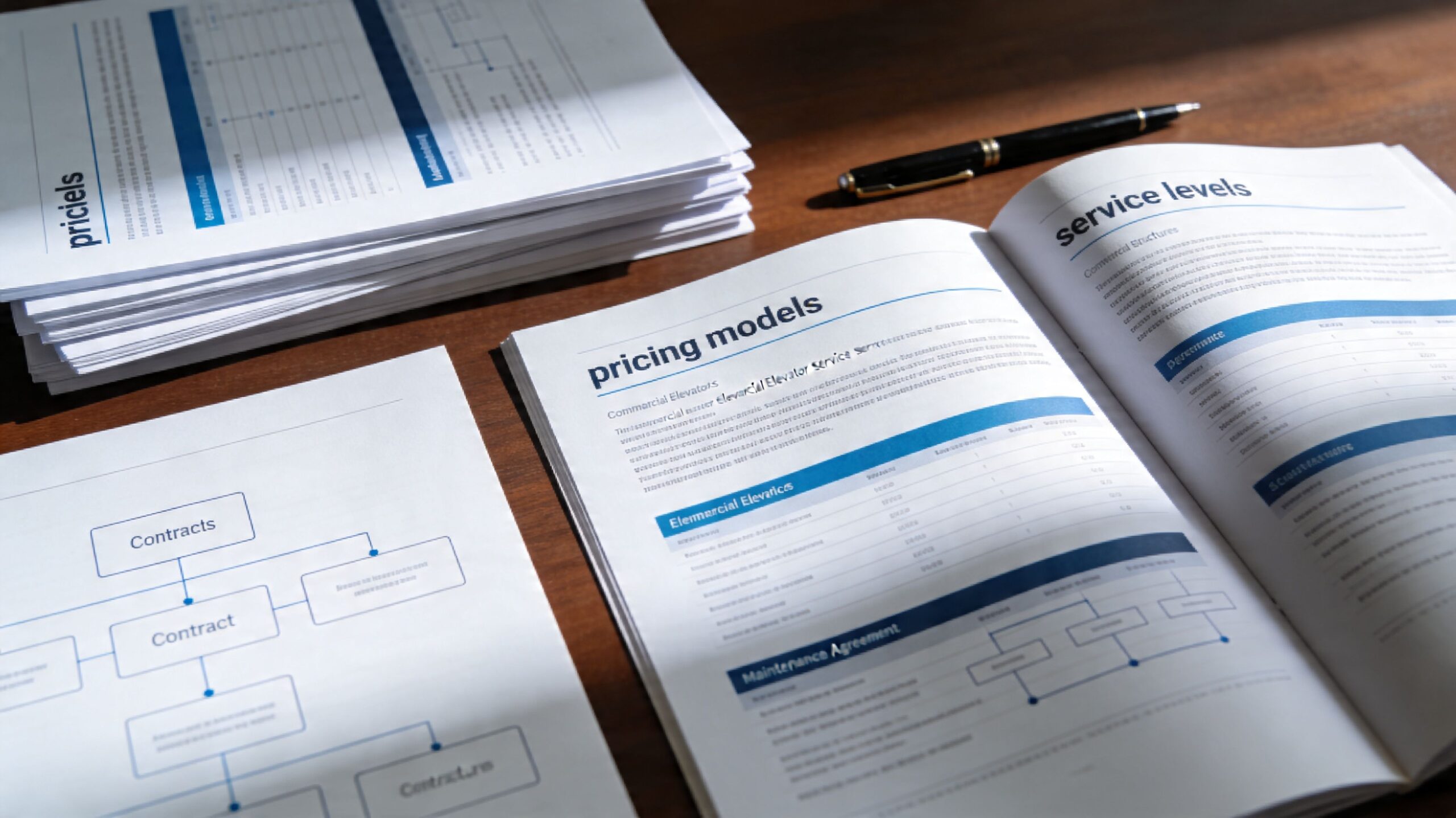 A stack of business documents, a pen, and an open manual about commercial elevator pricing and service models.
