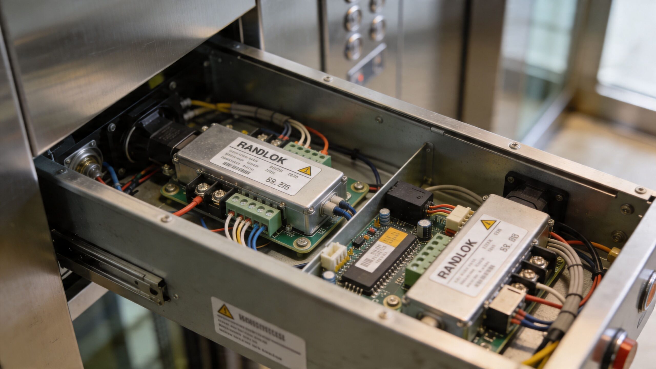Technician checking the open electronic control panel of a commercial elevator service system with metallic components.