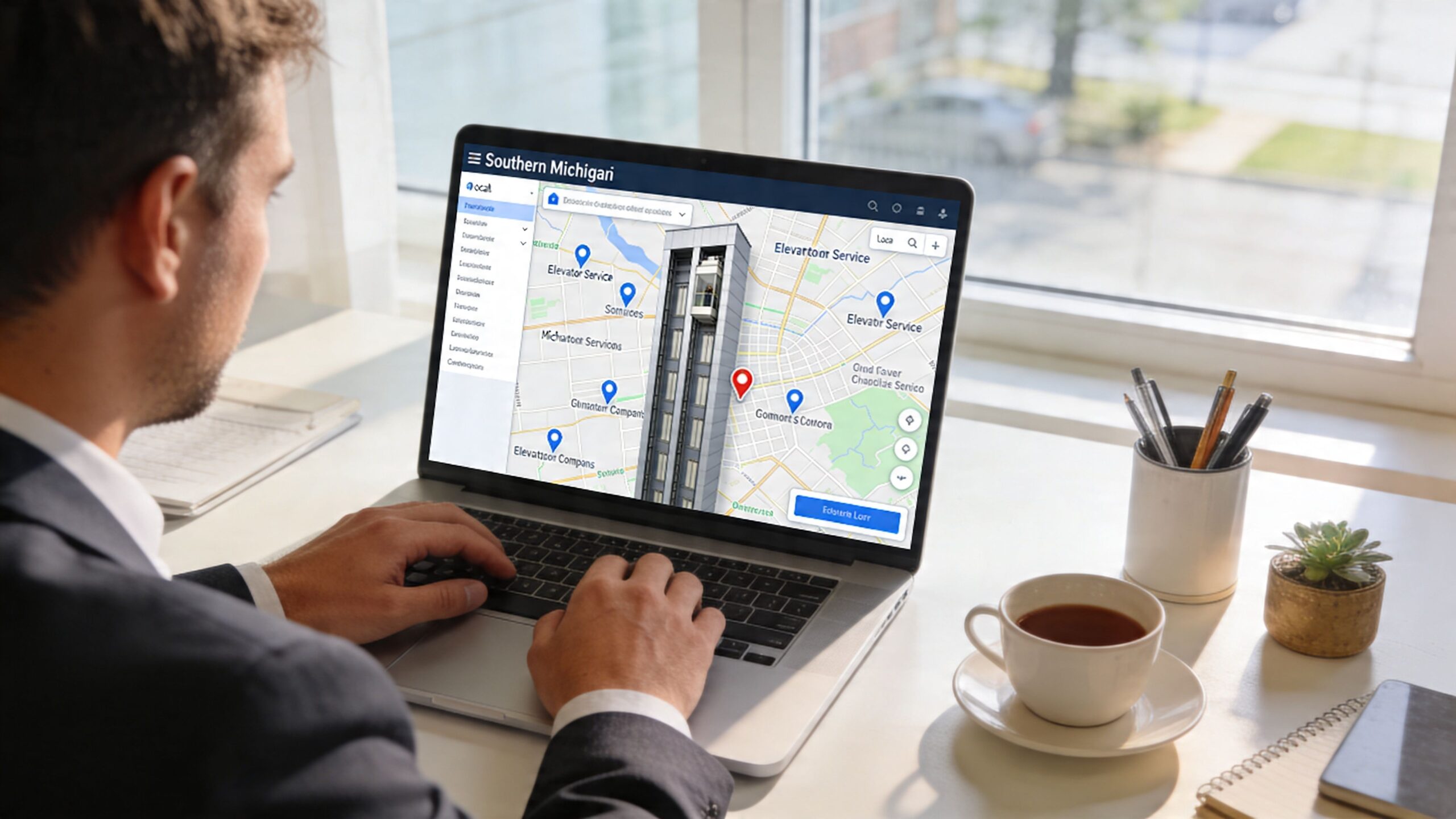 A professional man using a laptop to view map locations for commercial elevator services in Michigan.