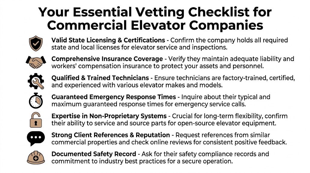 A checklist for vetting commercial elevator service companies, covering licensing, insurance, technician training, response times, and safety.