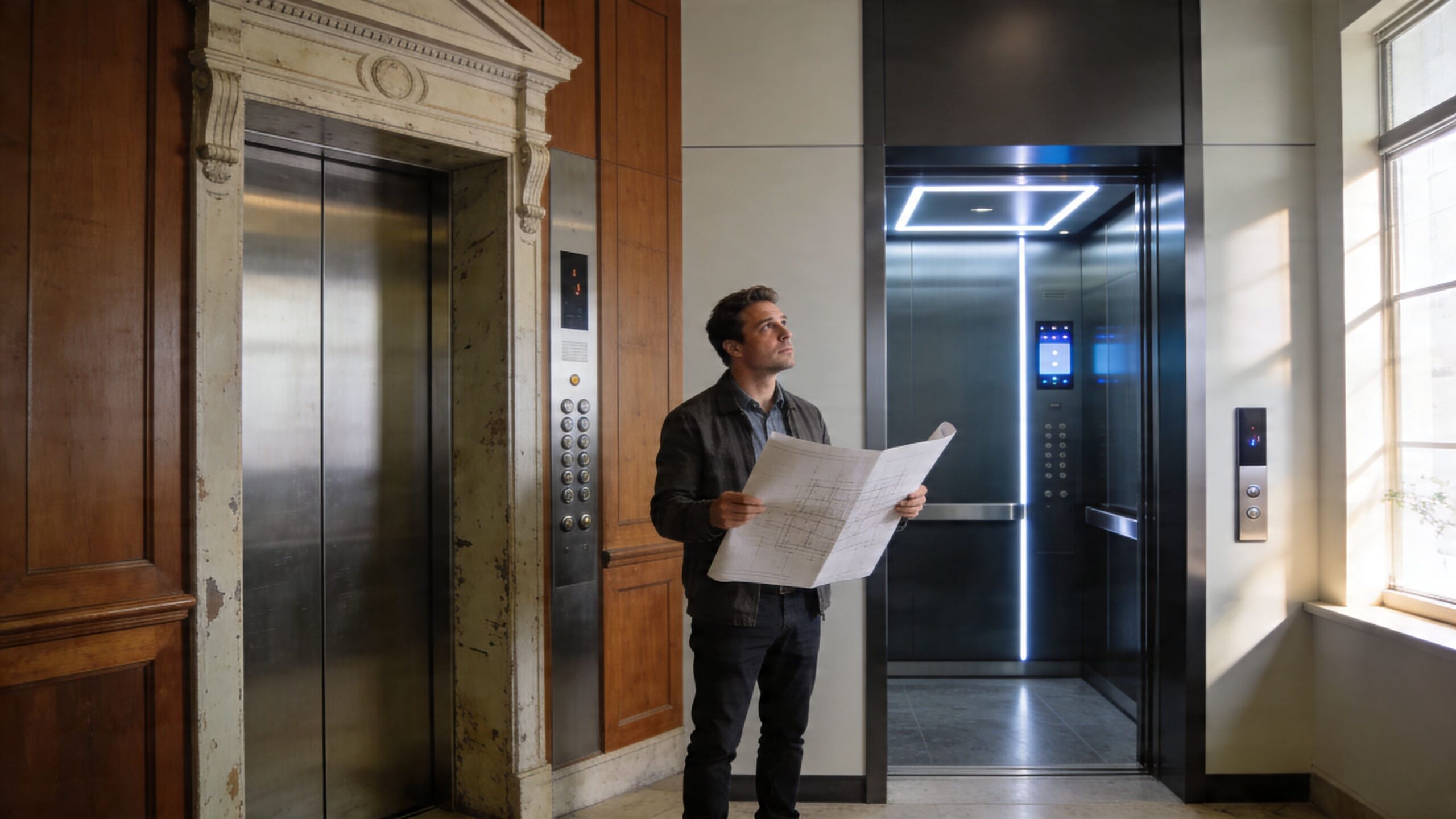 An architect holds blueprints while standing between an old ornate elevator and a modern glass elevator.