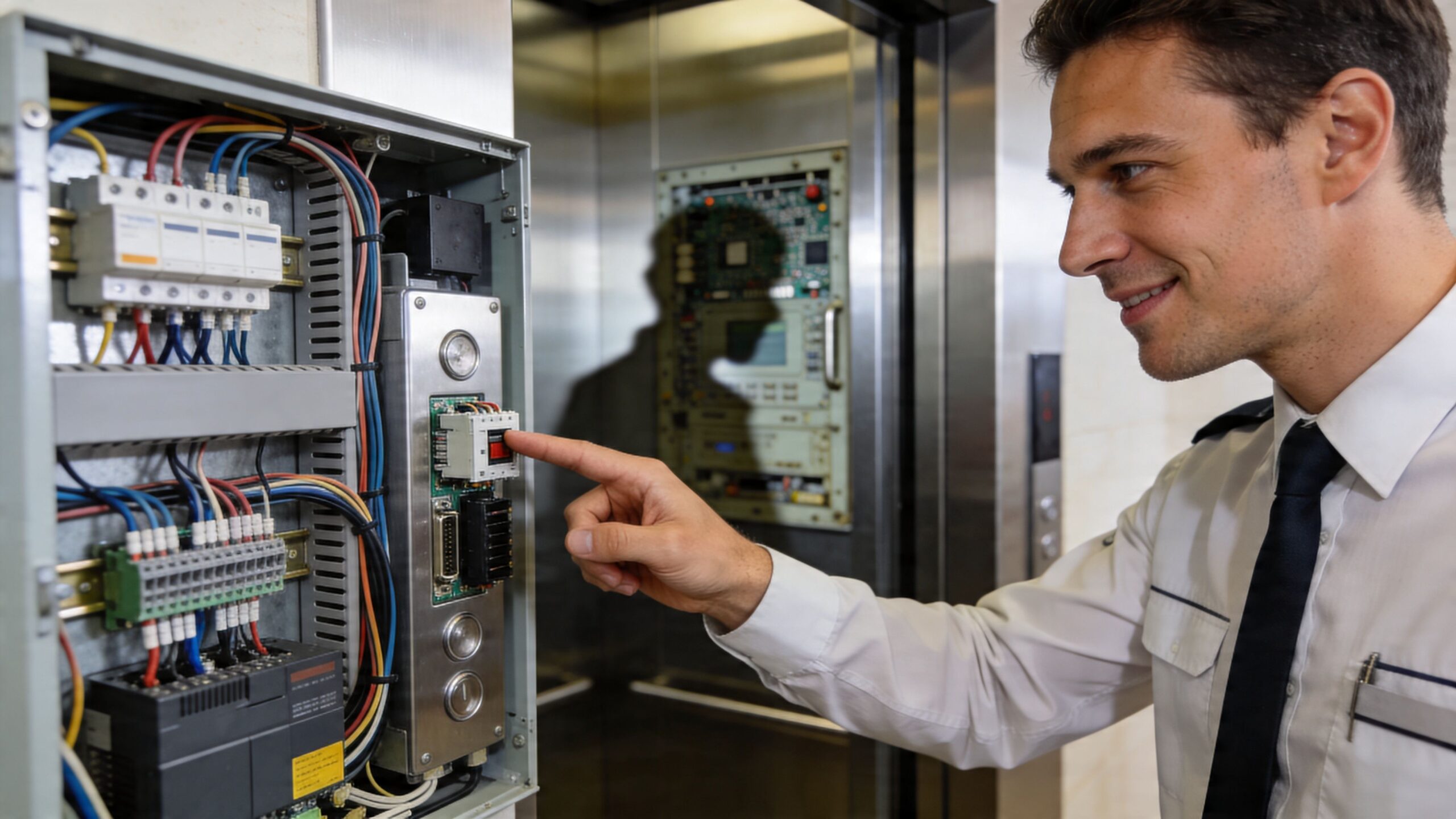 A professional technician carefully inspects and repairs the electronic control panel of a commercial elevator system.