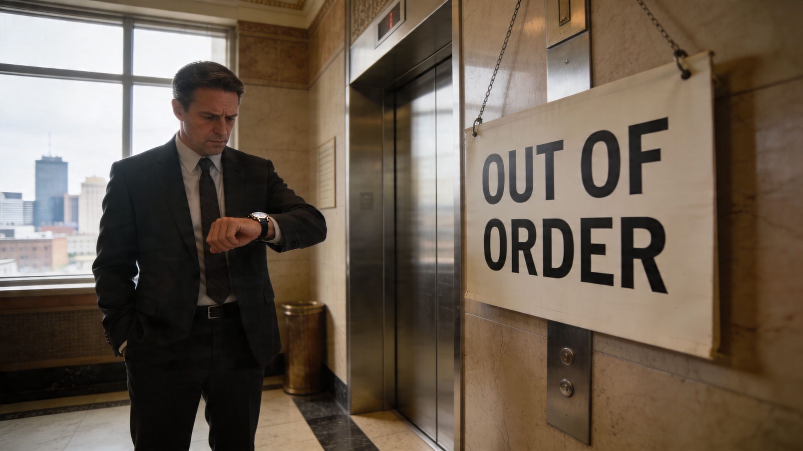 A man in a business suit checking his watch in front of an out of order elevator.