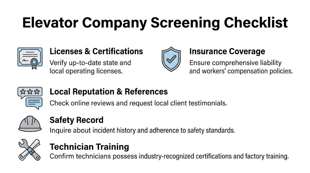 A checklist infographic outlining key factors to consider when screening and selecting an elevator service company.