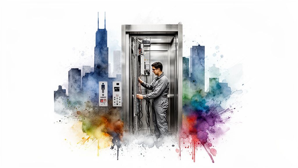 An elevator technician works on internal components within an elevator car, set against a watercolor city skyline.