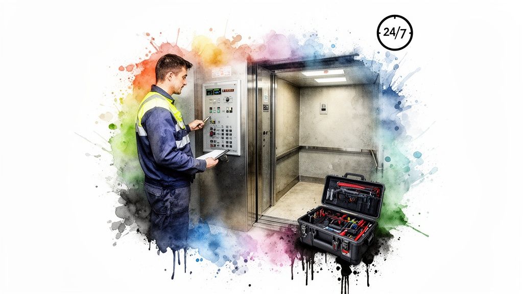 Technician in a safety jacket inspecting an elevator control panel with a toolbox on the floor.
