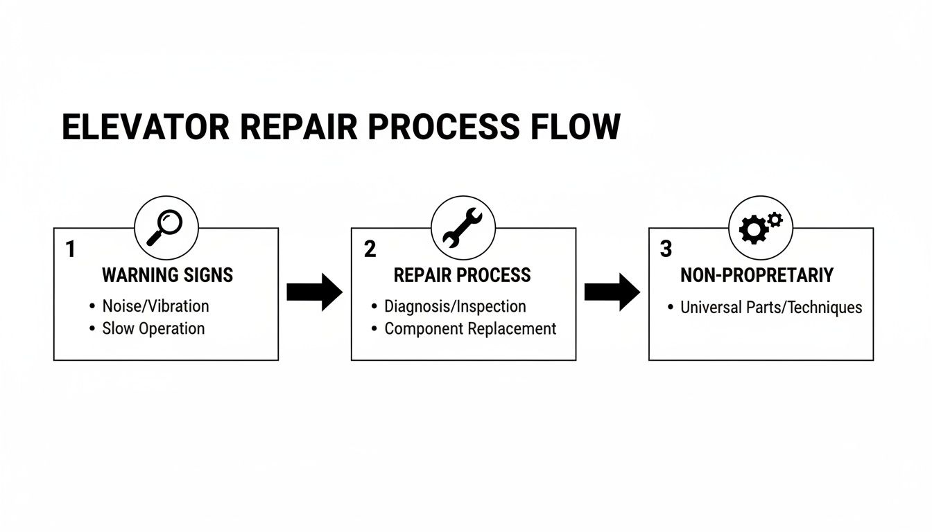 A flowchart detailing the three-step elevator repair process, from warning signs to non-proprietary techniques.