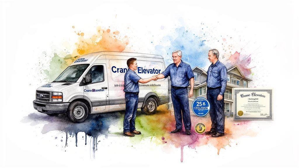 Crane Elevator service team shaking hands by a white van, with awards and a building.