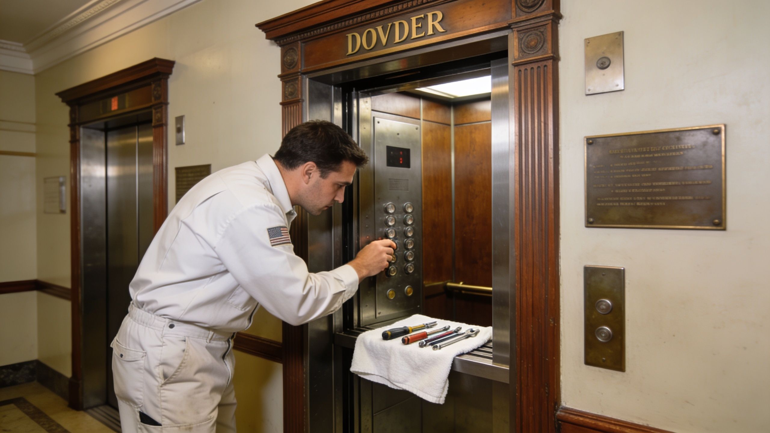 A maintenance worker in a white uniform repairs a vintage Dover elevator control panel in a hallway.