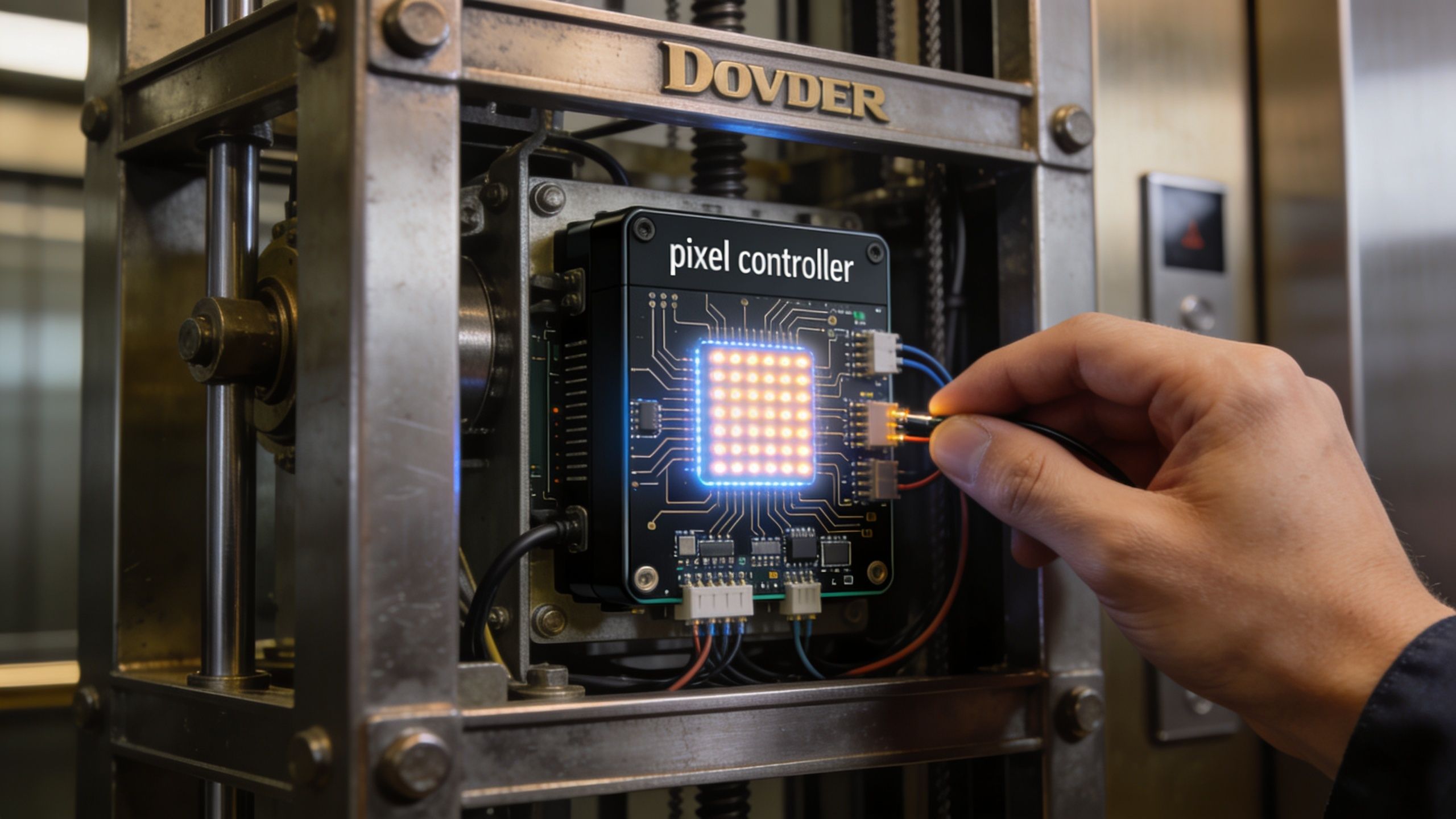 A technician working on a complex digital pixel controller inside an industrial Dover elevator control panel.