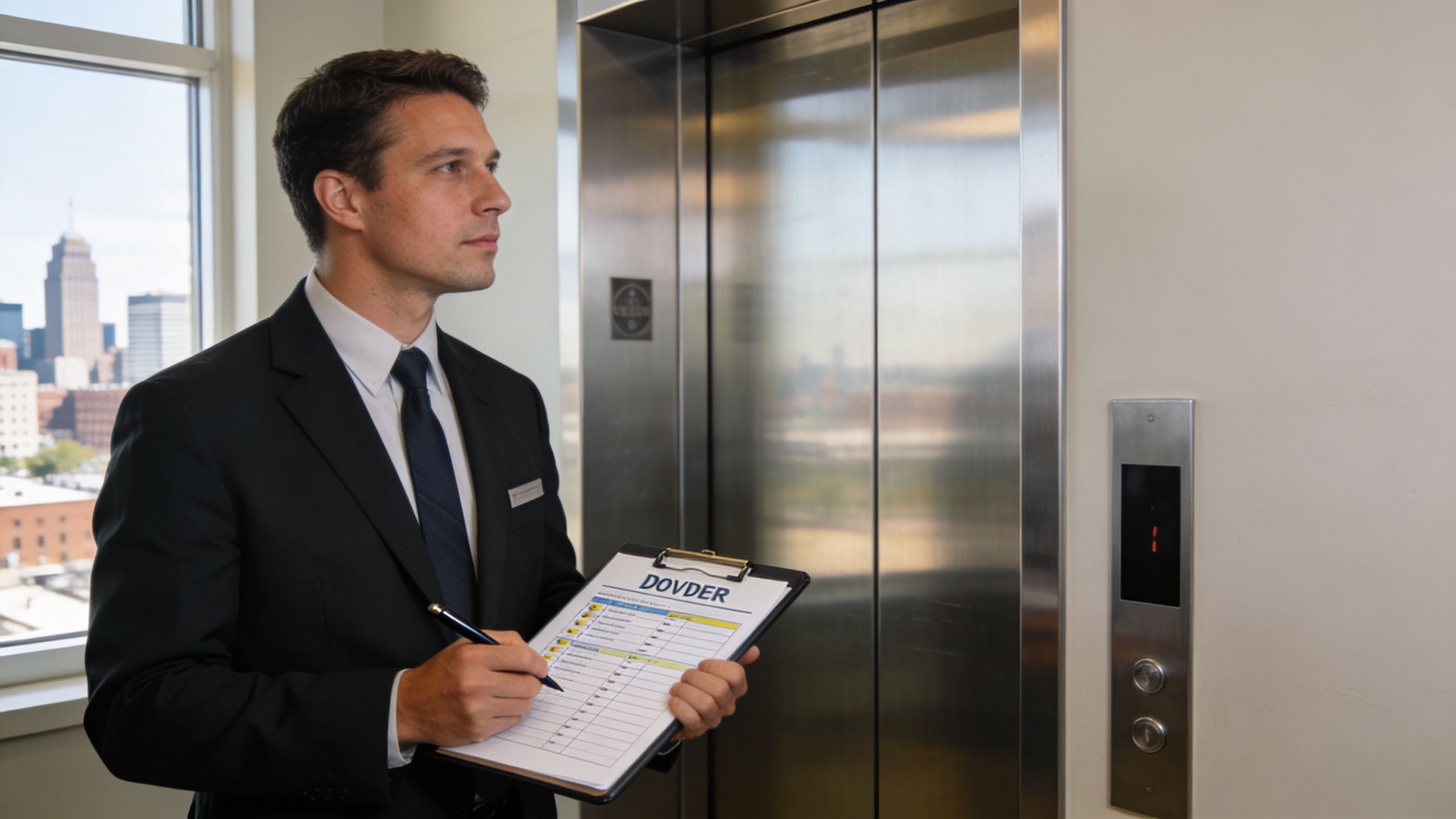 A professional man in a suit holding a clipboard while standing in front of an elevator.