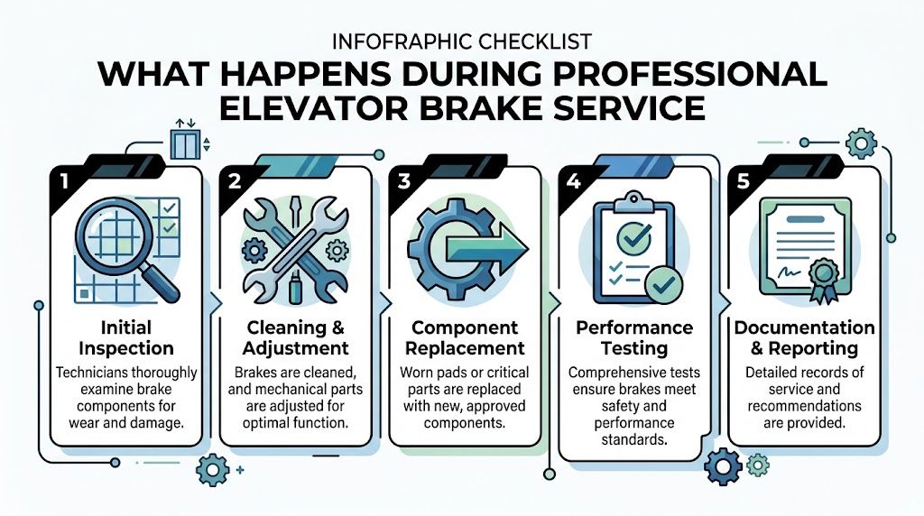 An infographic checklist illustrating the five steps involved in a professional elevator brake service procedure.