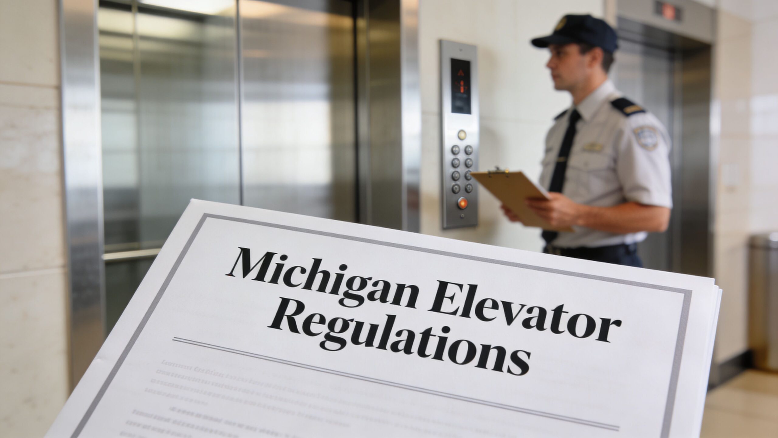 A document titled Michigan Elevator Regulations held in front of a security guard near elevator doors.