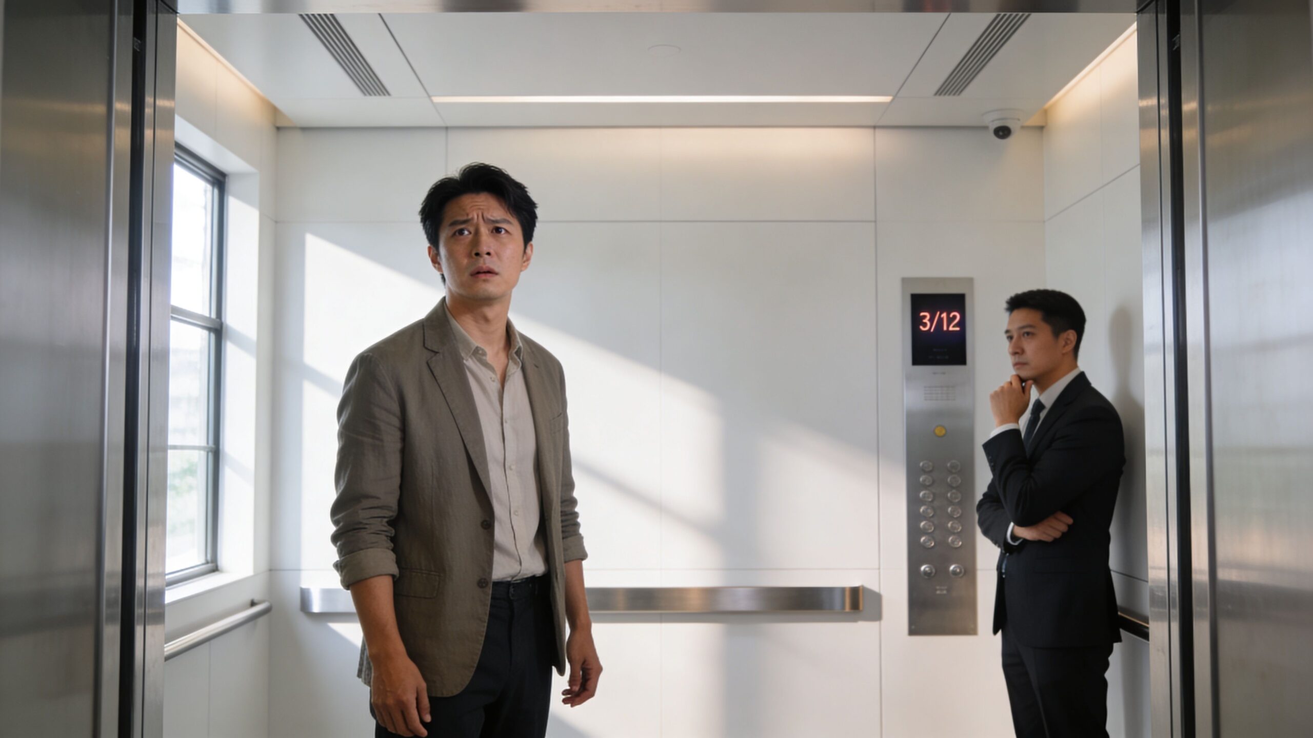 Two men standing inside an elevator with one looking concerned and the other looking contemplative.