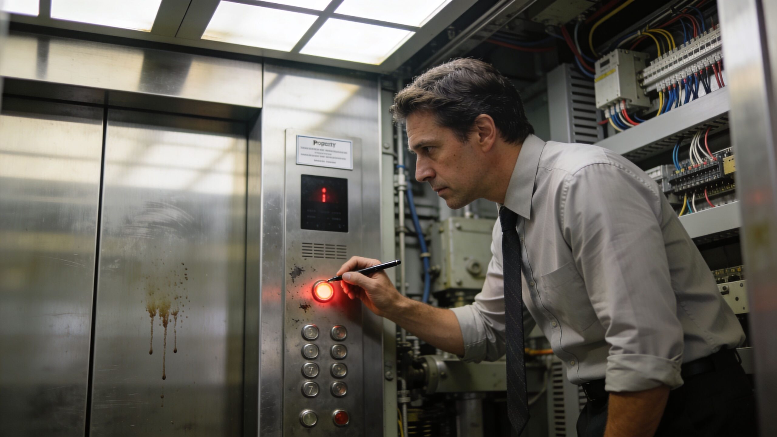 A professional technician wearing a tie inspects the elevator control panel and mechanical wiring with a pen.