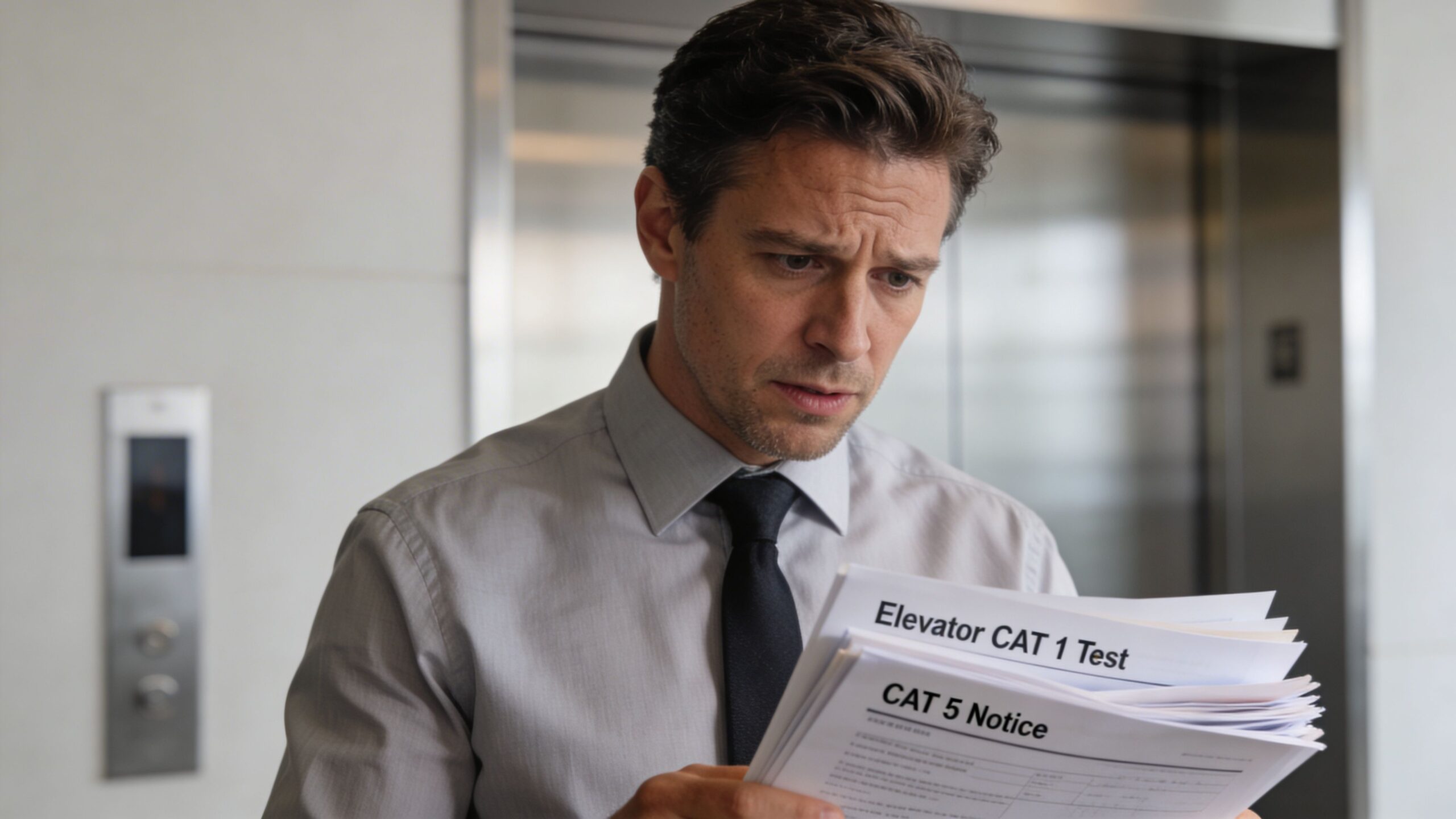 A concerned businessman reviewing elevator inspection paperwork labeled CAT 1 Test and CAT 5 Notice in an office.
