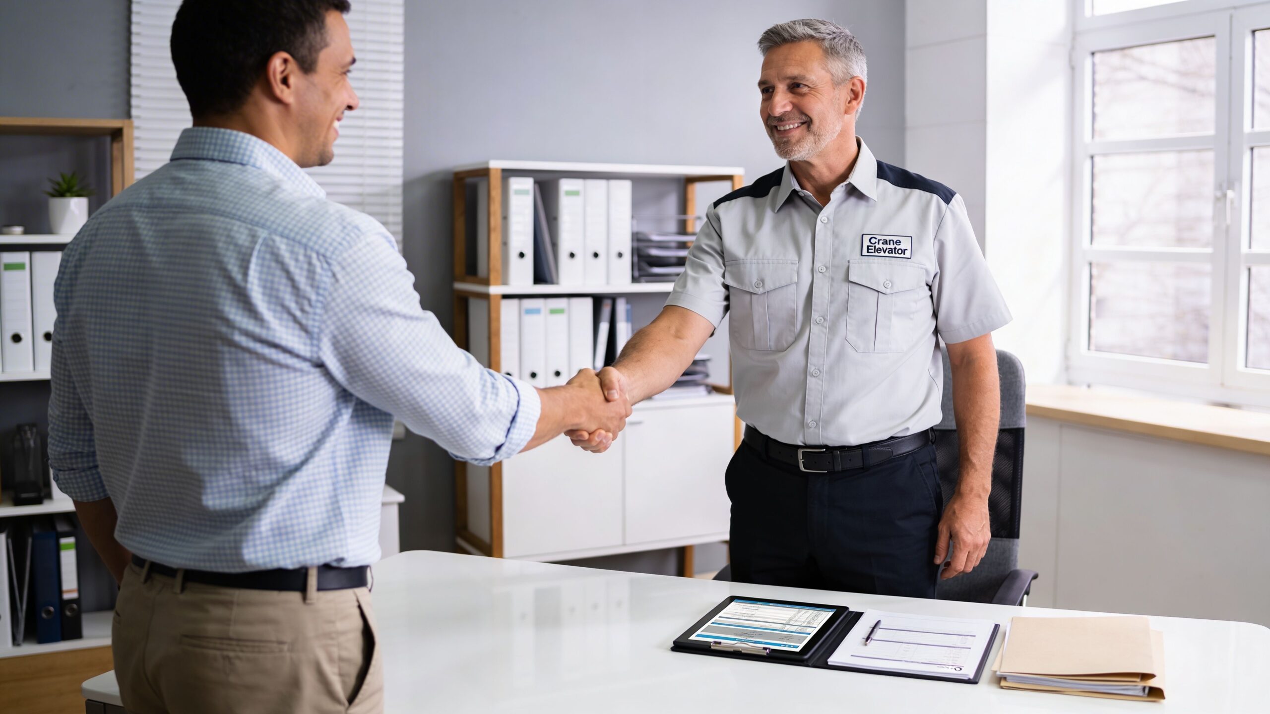 A professional man in a light blue shirt shaking hands with a Crane Elevator technician in an office.