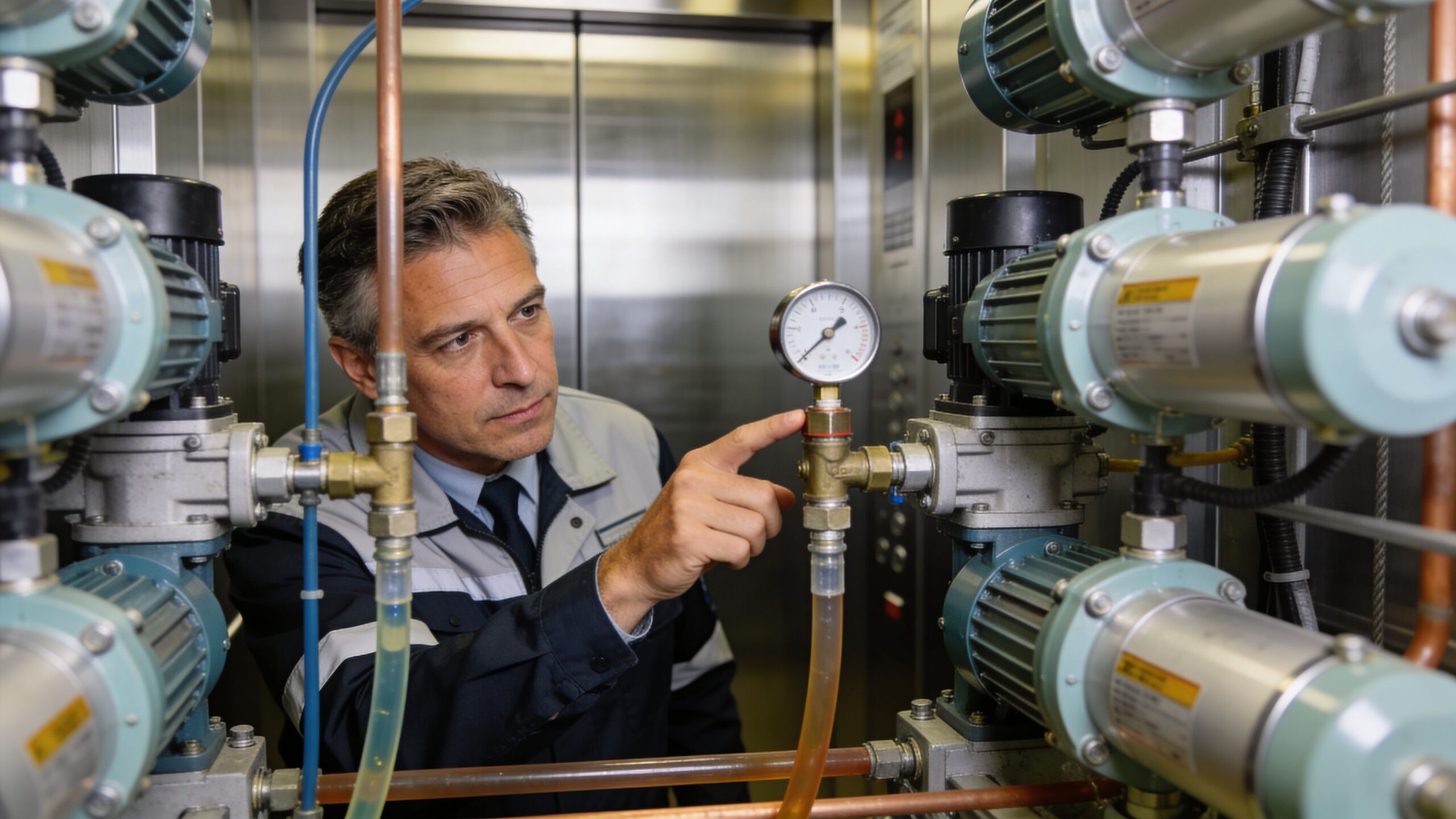A professional elevator technician inspecting the pressure gauge on mechanical lift equipment inside a service room.