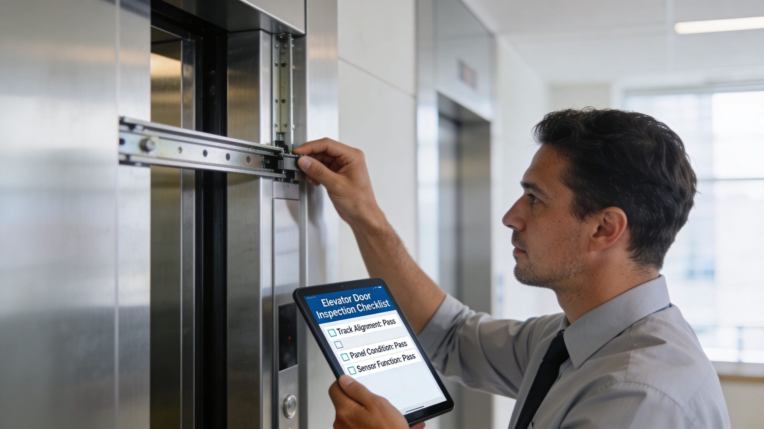 A professional maintenance worker inspects an elevator door rail while recording data on a digital tablet.
