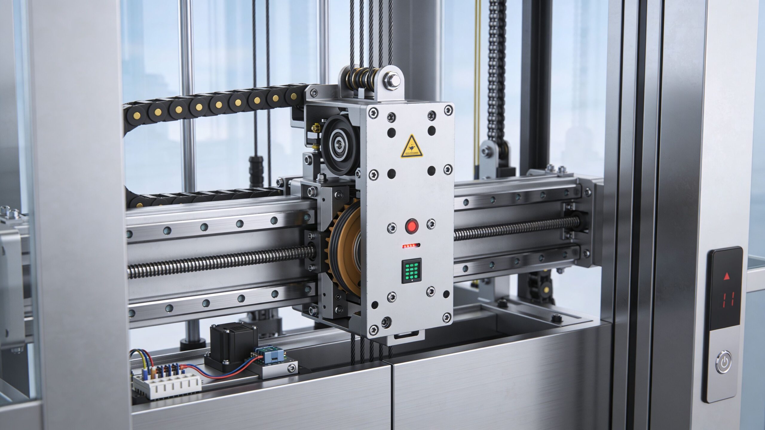 A close-up view of the internal mechanical mechanism of an elevator door system with metallic components.