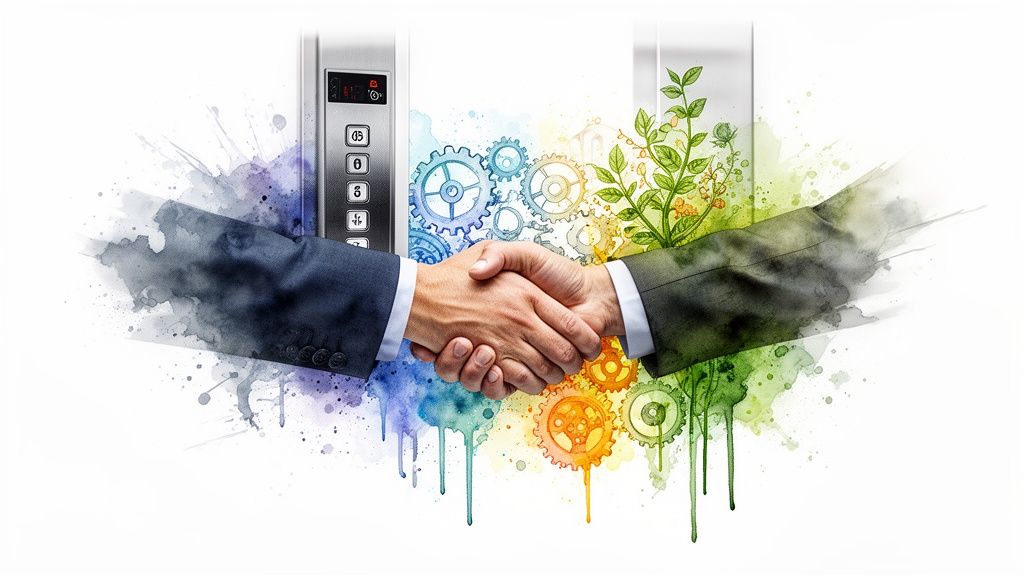 A professional handshake bridging mechanical elevator controls with nature-inspired watercolor graphics representing sustainable technology and innovation.