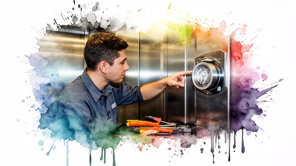 A professional technician carefully inspects and repairs an elevator door sensor mechanism inside a metallic elevator cab.