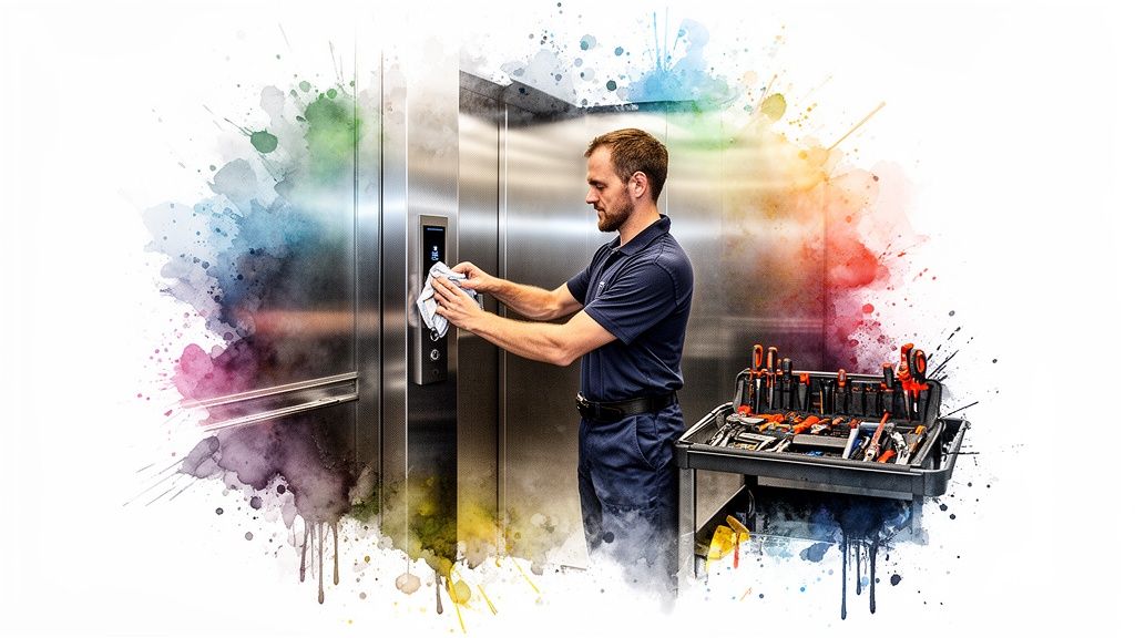 A professional elevator technician cleaning the door sensor panel of a stainless steel lift with a cloth.