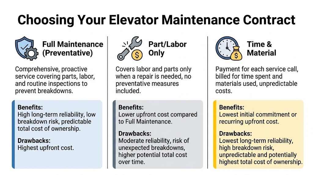 A comparison chart outlining the three types of elevator maintenance contracts and their associated pros and cons.