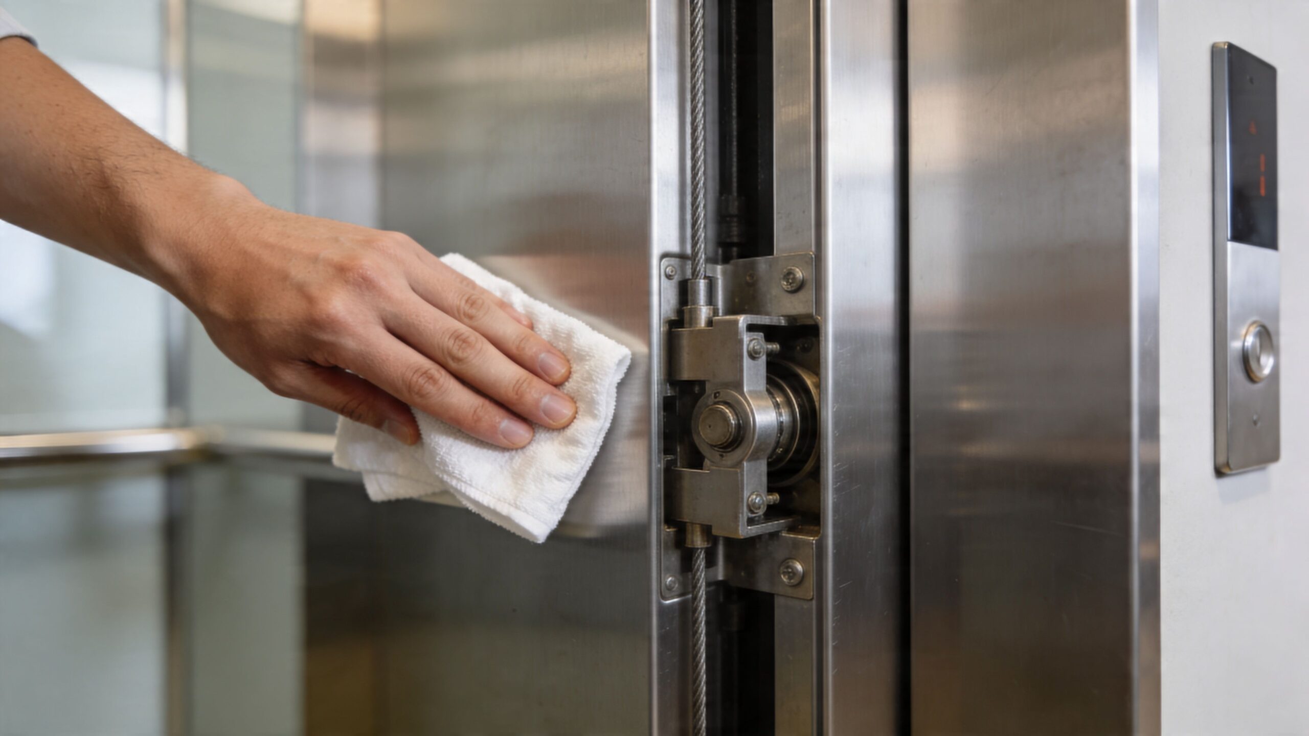A maintenance worker cleaning the stainless steel door mechanism of an elevator with a white cloth.