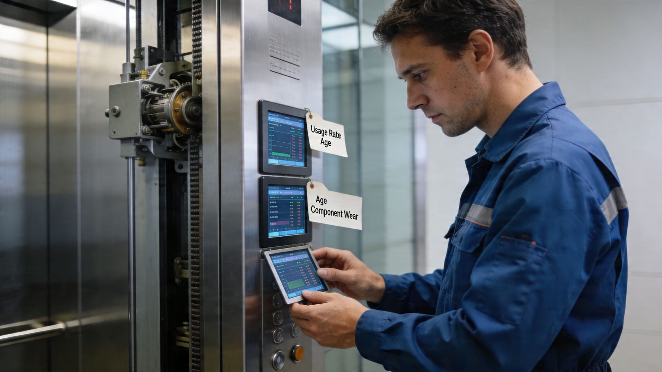 A technician wearing a blue uniform inspects the mechanical components of an elevator using a digital tablet.