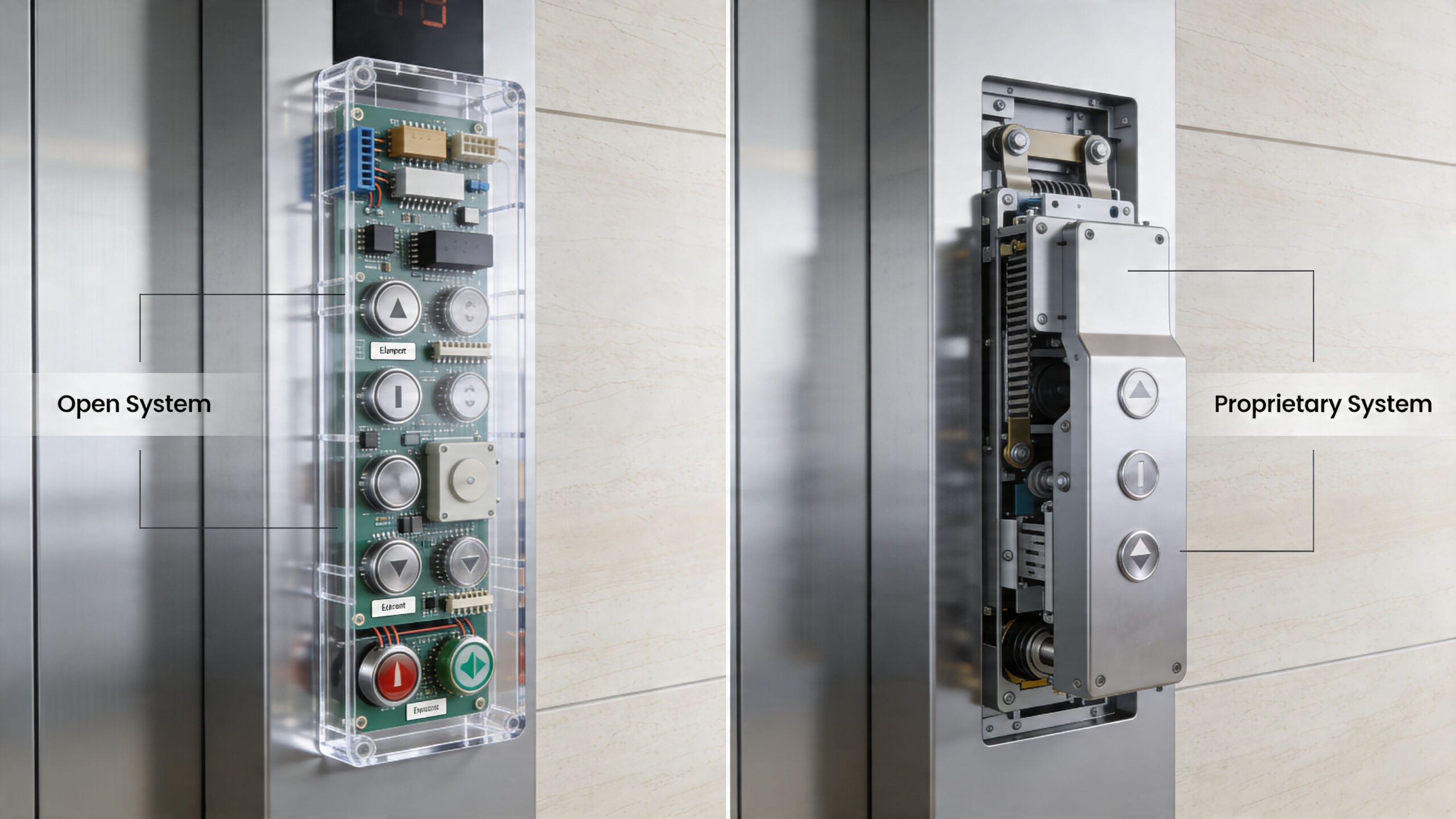 A split view comparison showing an open-source elevator control panel versus a sealed proprietary elevator system.