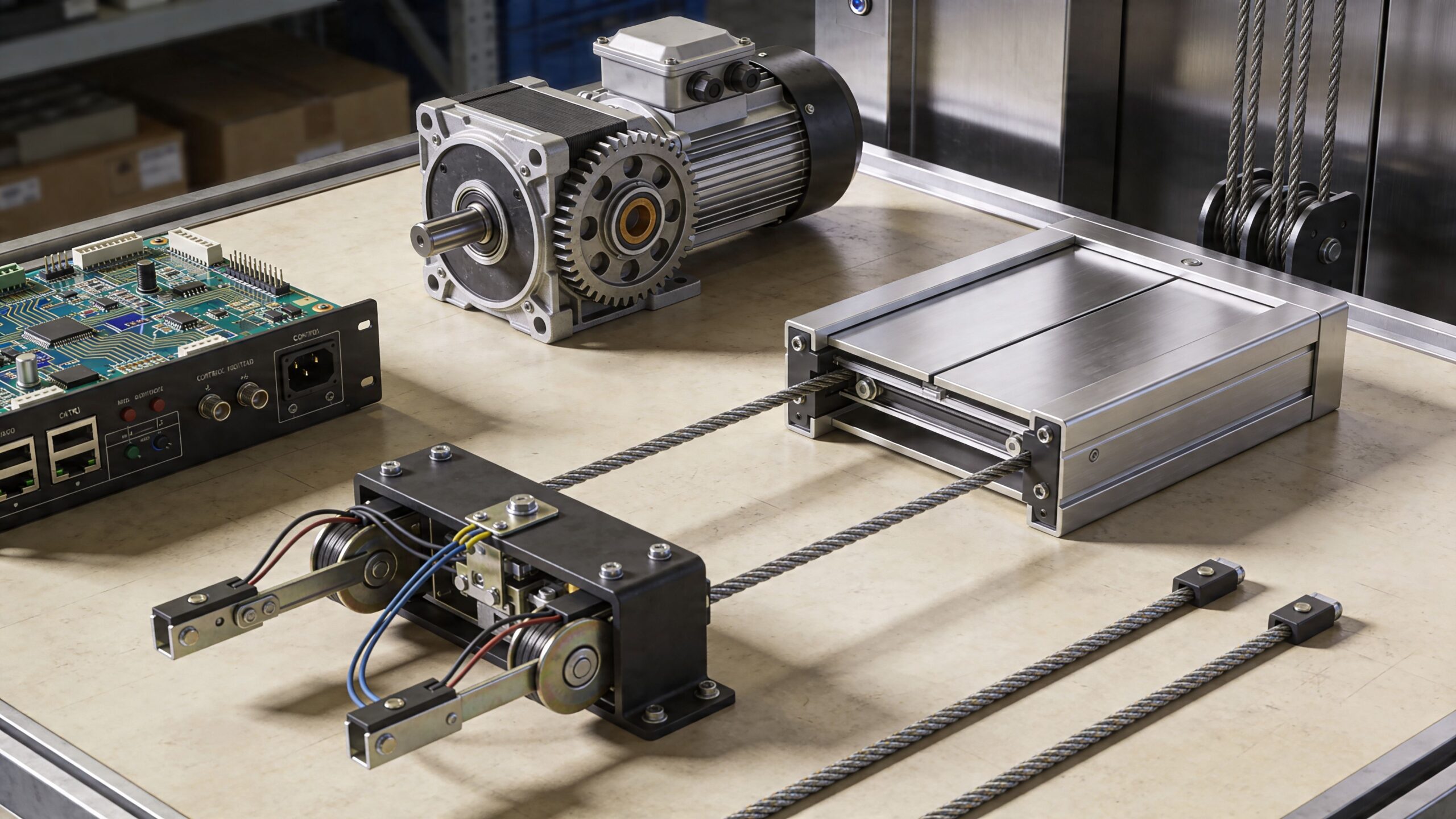 A close-up of elevator modernization components including a motor, control board, and pulley system on a workbench.