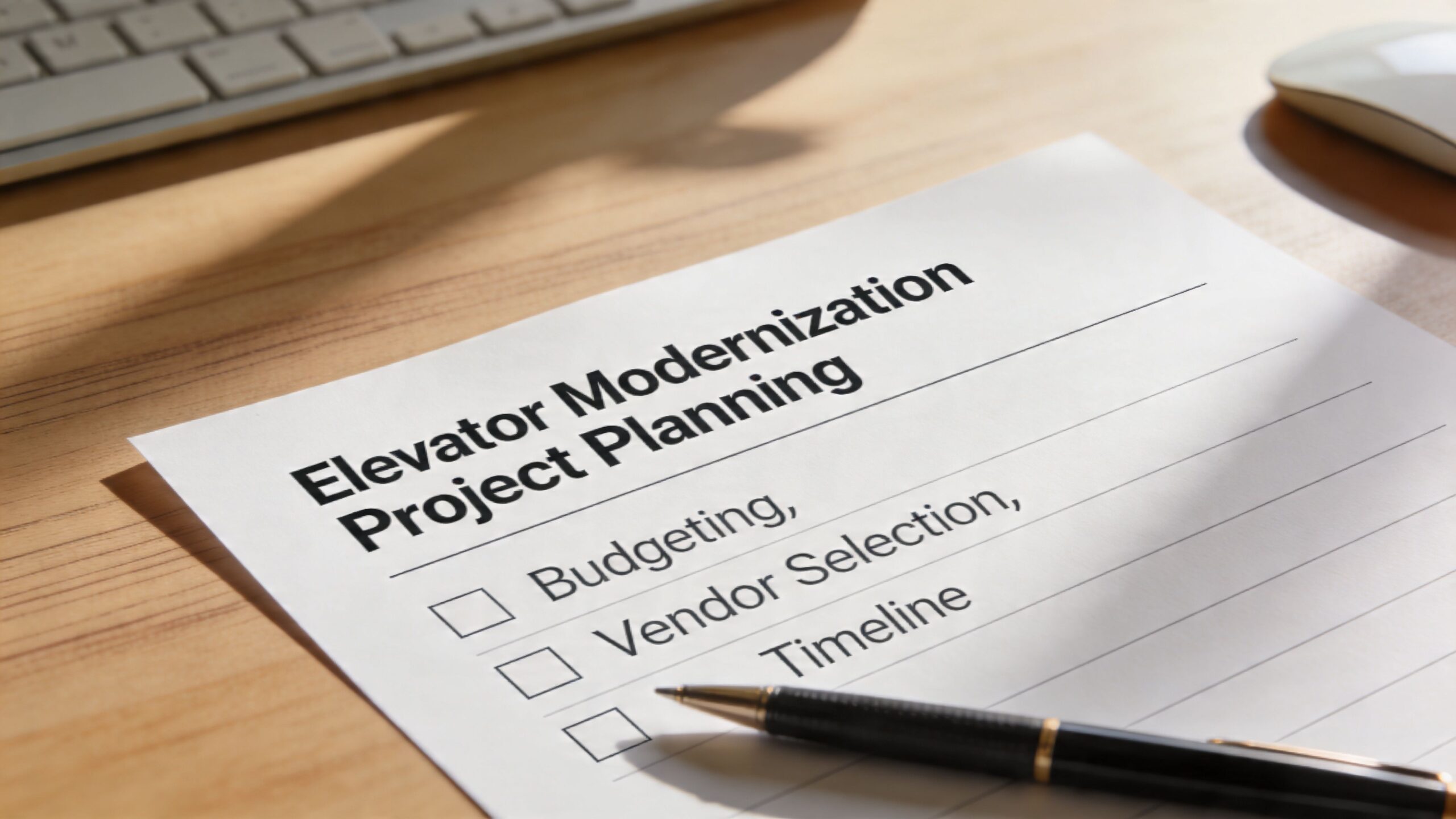 A checklist for an elevator modernization project placed on a wooden desk next to a pen.