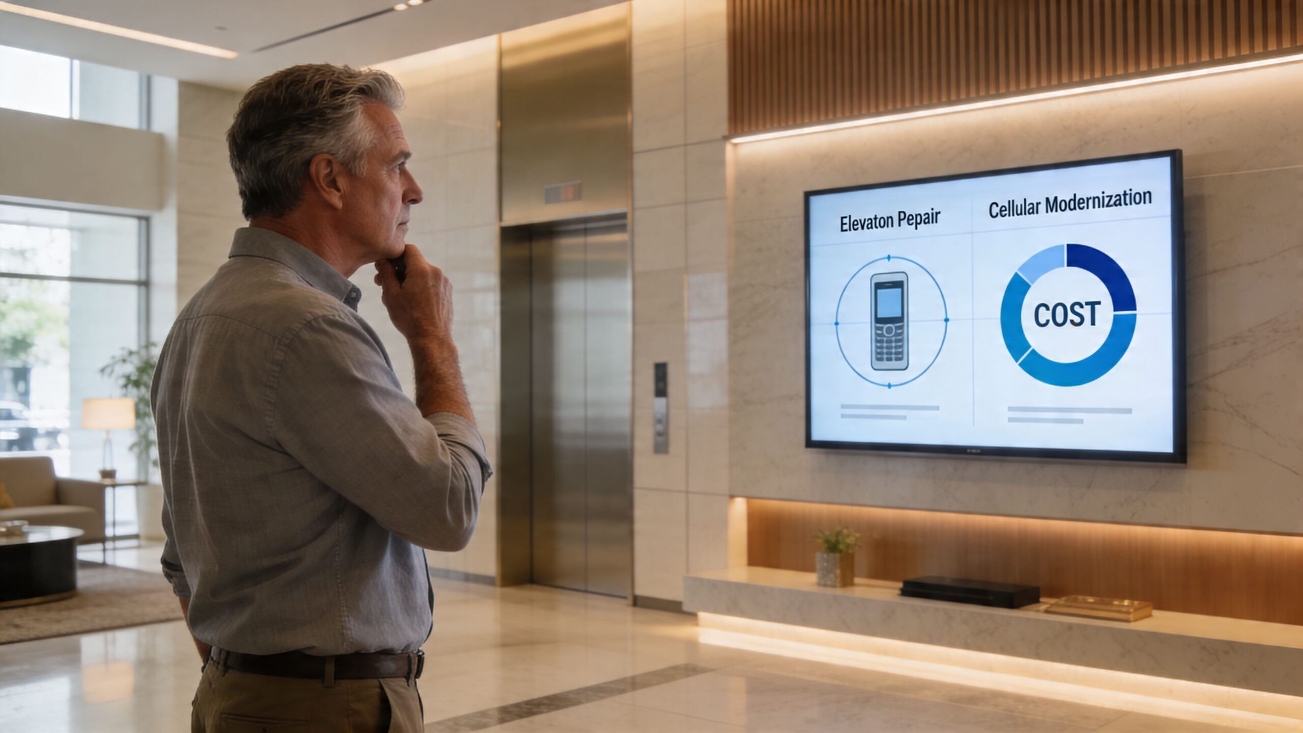 A middle-aged man observing a digital screen displaying elevator phone repair services and cost analysis in a lobby.