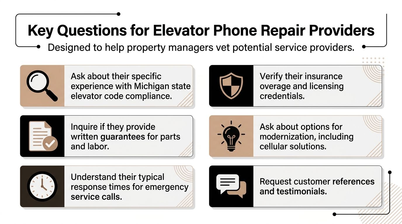An infographic titled Key Questions for Elevator Phone Repair Providers for property managers to evaluate service companies.