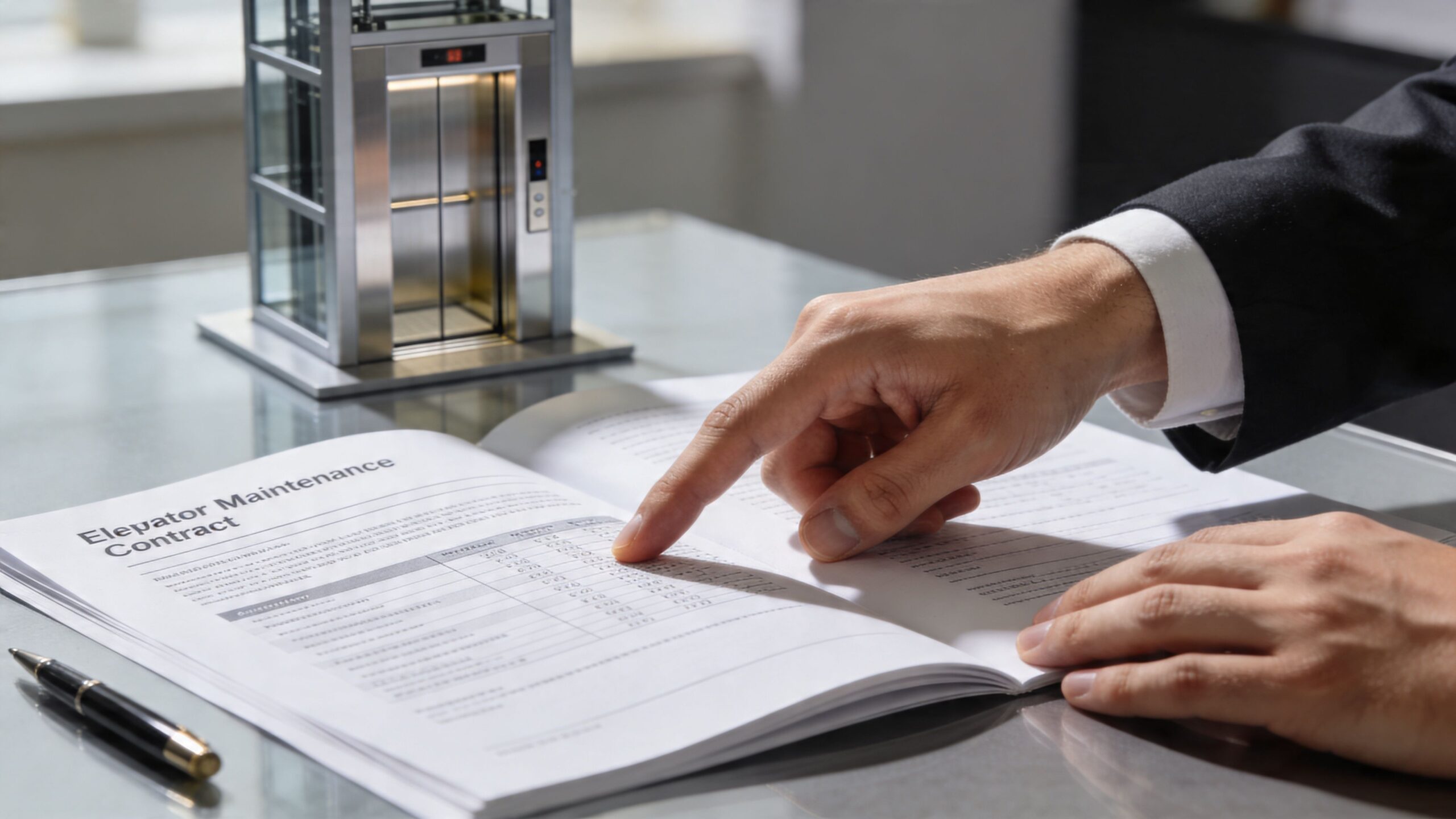 A businessman reviews an elevator maintenance contract document with a small elevator model on the desk.