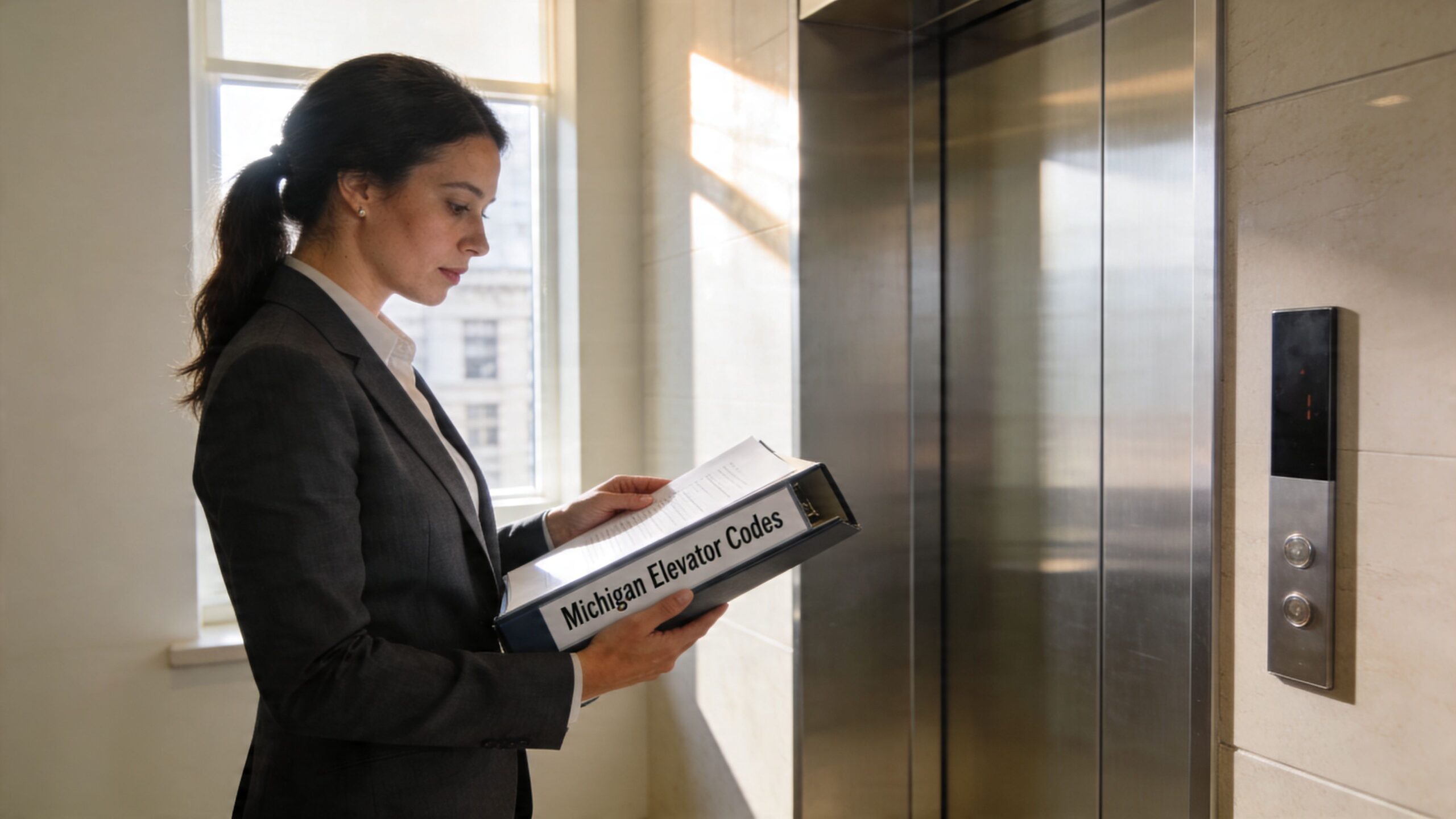 A businesswoman in a grey suit reading a folder labeled Michigan Elevator Codes near an office elevator.