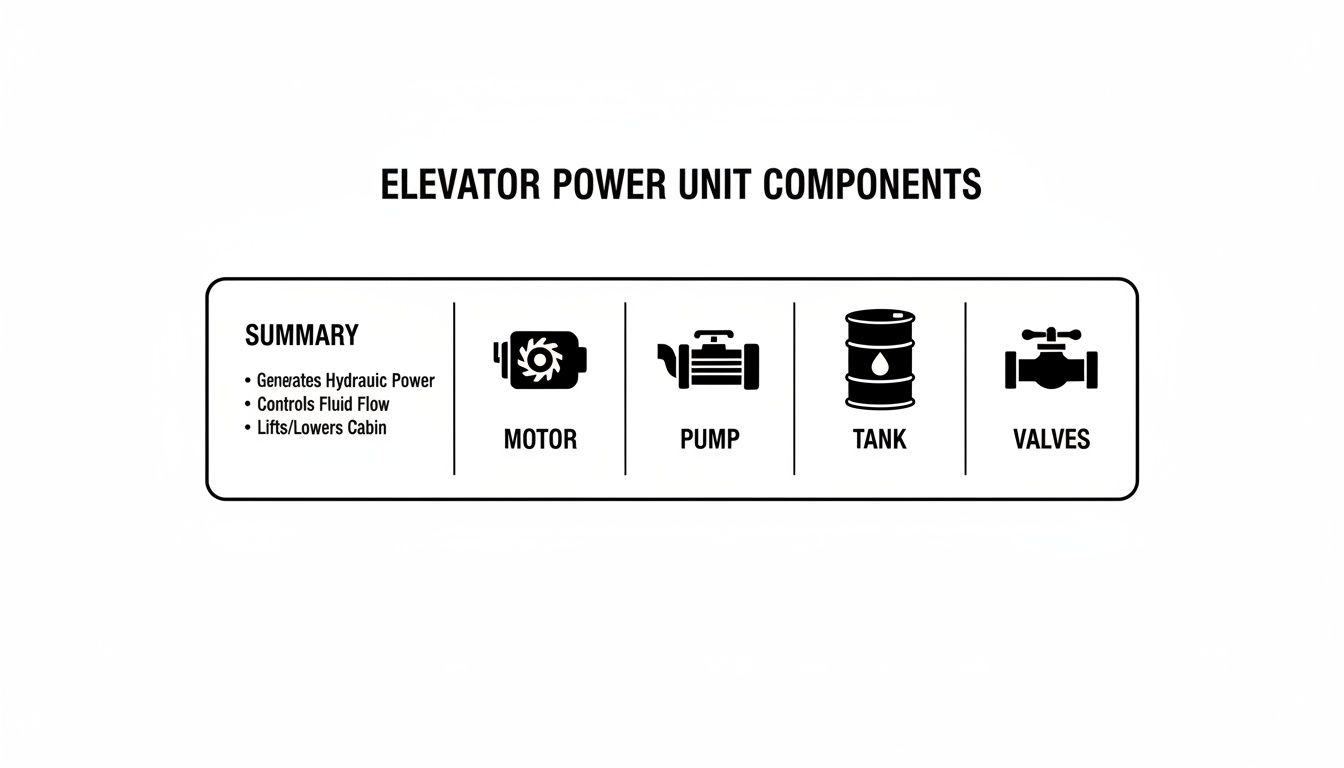 Diagram illustrating elevator power unit components: motor, pump, tank, and valves, with summary.