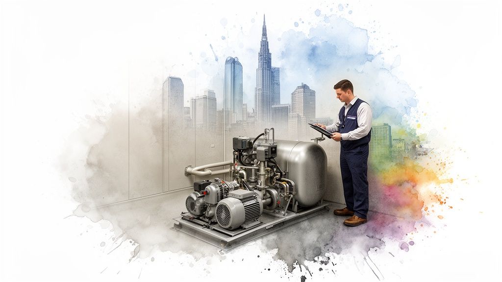 Service technician meticulously examining an industrial power unit against an abstract cityscape.