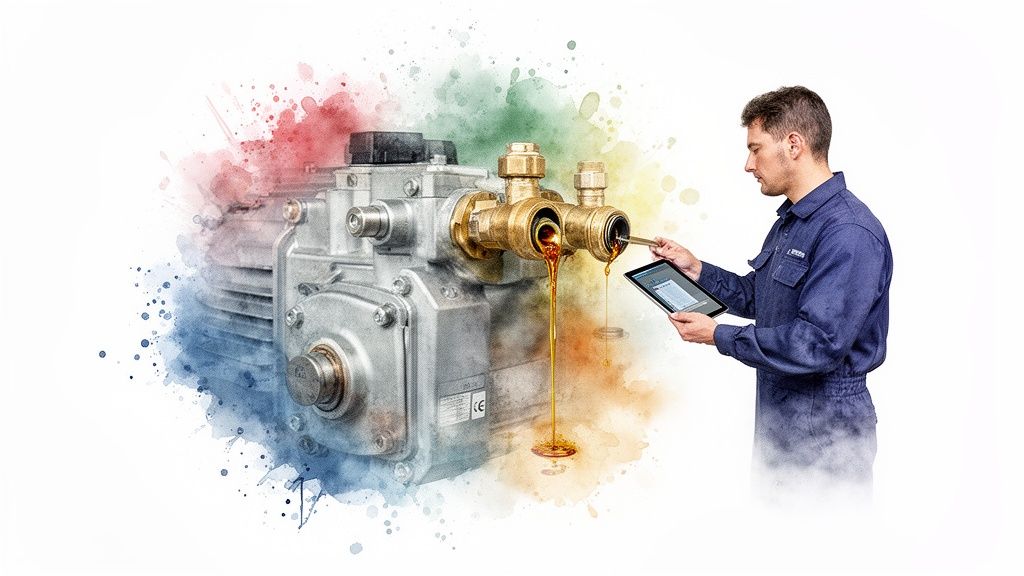 Technician performs oil analysis on an industrial machine, using a digital tablet for diagnostics.