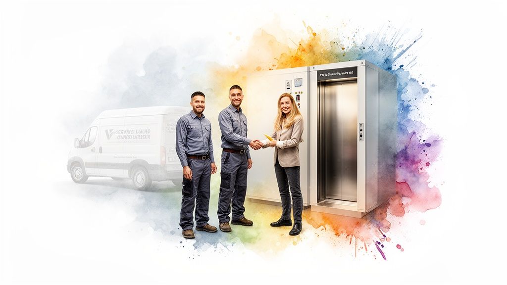 Two elevator service technicians shaking hands with a client next to a new elevator unit and van.