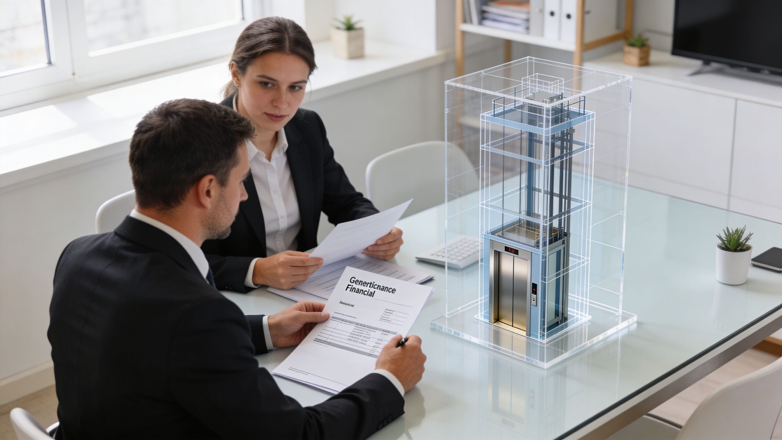 A professional man and woman discussing financial documents with a 3D model of an elevator on the table.